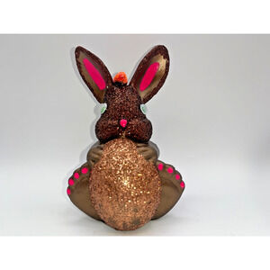 Vintage Ceramic Brown Chocolate Easter Bunny Holding Egg Orange Carrot OMG OOAK